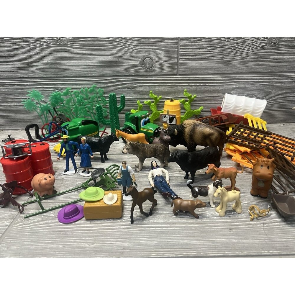 Assorted Farm Animals and Accessories Plastic Toys 65 Pieces John Deere Tractors